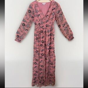 Retro Cottagecore boho Maxi Long Dress Pink Baby Doll Fairy smocked XS Floral